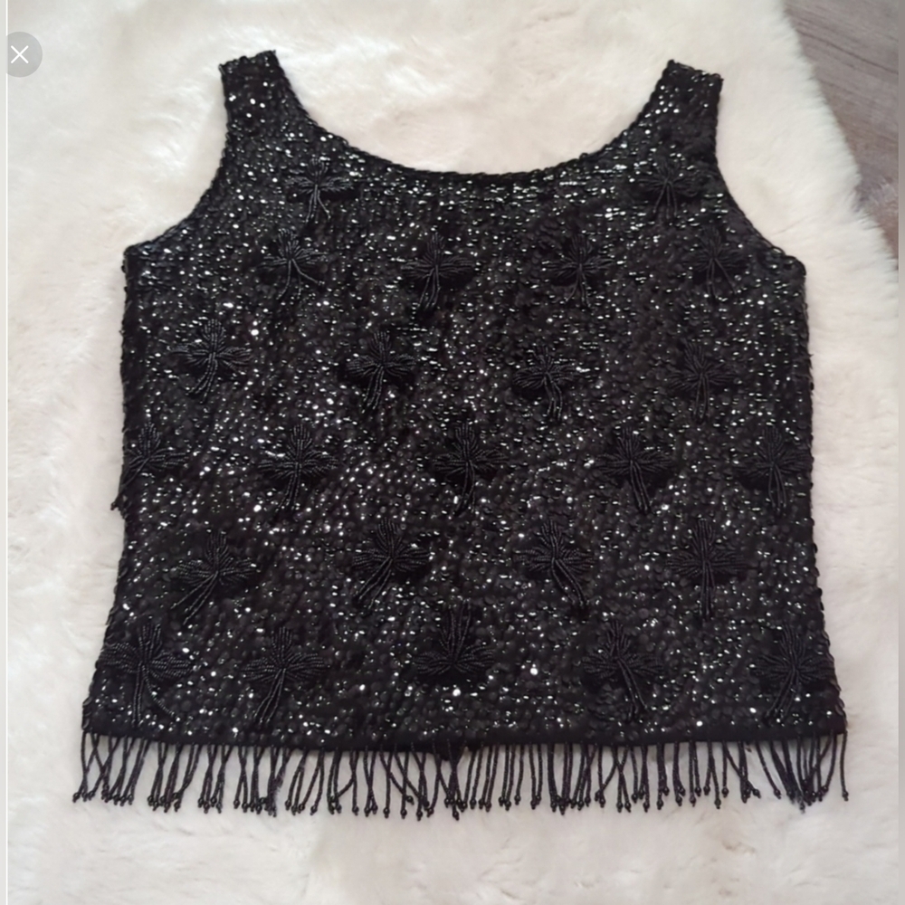 Hand Full Fashioned 100% Virgin Wool Vintage Sequin Beaded Top Sz Sm